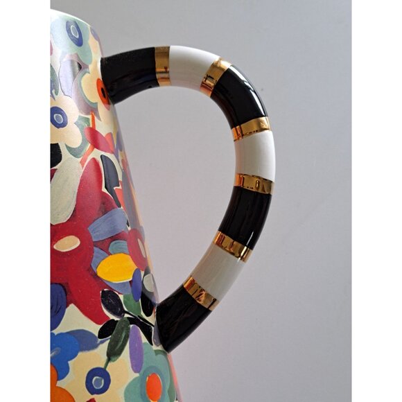 MacKenzie-Childs Avant Garden Watering Can 8" Ceramic Floral & Striped Design - Picture 3 of 11